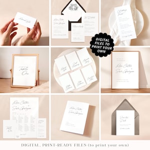 Minimal rustic wedding stationery printable PDFs, professionally designed hand-written style wedding cards, monochrome print your own files