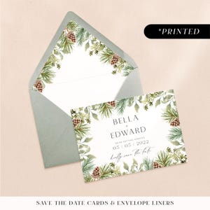 Winter pinecone wedding save the date cards, natural rustic pine printed save the dates, festive Christmas wedding save our date cards