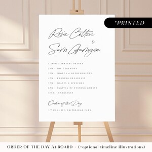 Minimale rustikale Hochzeitszeremonie-Zeitleiste, gedruckte Bestellung des Tages im handgeschriebenen Stil, monochrome große Hochzeitsbeschilderung