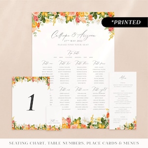 Citrus orange & lemon wedding reception stationery, yellow floral printed day-of stationery, bright summery wedding reception card set