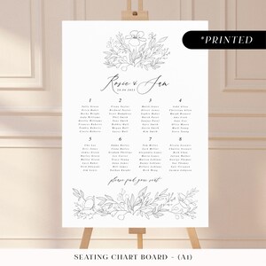 Simple black large seating chart sign with flowers, floral sketch printed table plan board, classic monochrome wedding seating plan cards