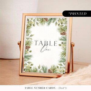Winter pinecone table numbers, natural rustic pine personalised printed table names, festive Christmas wedding reception table cards