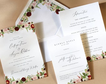Printable Burgundy and Dusky Pink Floral Wedding Invitation with Fern - Woodland