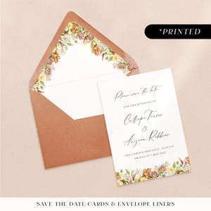 Autumn florals wedding save the dates, printed save the dates with muted earthy tones, rustic fall wedding save our date cards