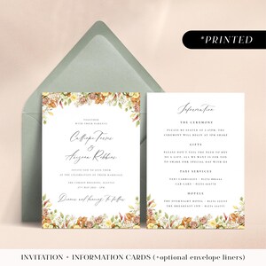 Autumn florals wedding invitations, printed invites with muted earthy tones, rustic fall wedding invitation and details card