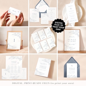 Dusty blue wedding stationery printable PDFs, professionally designed vintage botanical wedding cards, pale blue print your own files