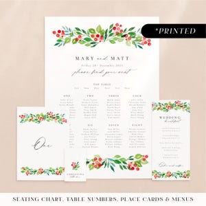 Winter berries wedding reception stationery, red and green day-of stationery, festive botanical Christmas wedding reception card set