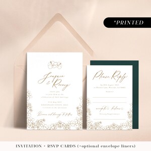 Minimal gold wedding invitations with tropical flowers, typographic printed invites, invitation & rsvp cards