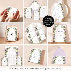 Purple flower arch wedding stationery printable PDFs, professionally designed floral wedding cards, lavender botanical print your own files