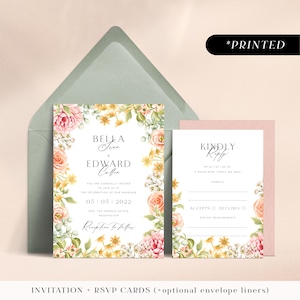 Blush pink flowers wedding invitations, romantic vintage floral printed invites, soft pastel wildflower invitation & rsvp cards