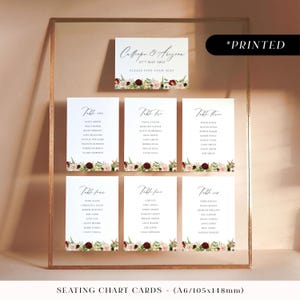 Bourgondische herfst groot bord met tafelkaart, gedrukte tafelplattegrond met herfstbloemen, humeurige bloemen met varens bruiloft plattegronden