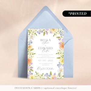 Pastel flowers wedding invitations, romantic vintage professionally printed floral invites, soft pastel wildflower invitation cards