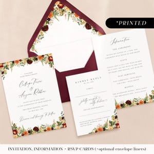 Burnt orange and deep burgundy wedding invitations, autumnal floral printed invites, rustic fall wedding invitation, details and rsvp cards
