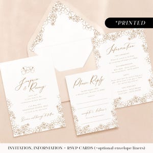 Minimal gold wedding invitations with tropical flowers, typographic printed invites, invitation, details & rsvp cards