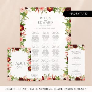 Blush pink & deep burgundy wedding reception stationery, romantic floral printed day-of stationery, vintage rose wedding reception card set