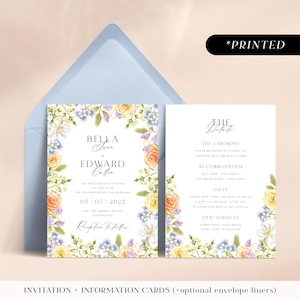 Pastel flowers wedding invitations, romantic vintage floral printed invites, soft pastel wildflower invitation and details card