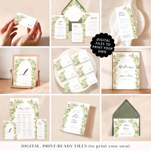 Green flower arch wedding stationery printable PDFs, professionally designed floral wedding cards, lush botanical foliage print your own
