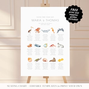 Editable Wedding Table Plan Sign. Sealife Seating Chart. Instant Digital Download Printable. Ocean Animal Theme. OCE02