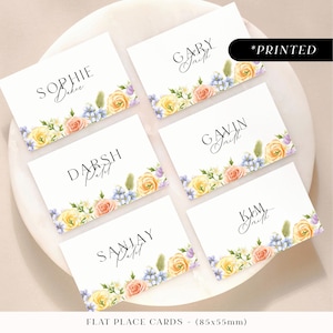 Tarjetas de lugar para bodas con flores pastel, tarjetas de nombre para invitados con estampado floral vintage romántico, tarjetas de lugar planas o dobladas con flores silvestres en tonos pastel suaves