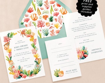 Editable Wedding Invitation Template. Instant Digital Download. Printable Wedding Invite. Marine Sea Life Beach Wedding Invite Bundle. MAR01