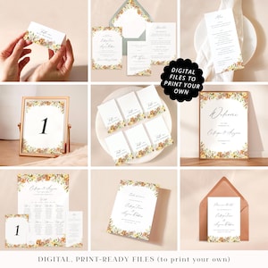 Autumn florals printable wedding card PDFs, professionally designed wedding cards with muted earthy tones, rustic fall print your own files