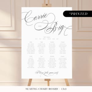Minimal modern large seating chart sign, swirly cursive font printed table plan board, classic monochrome wedding seating plan cards