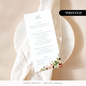 Menú de recepción de boda en otoño en Borgoña, tarjetas de menú con estampados de flores otoñales, menú de boda con flores melancólicas y helechos, desayuno de boda