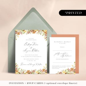 Autumn florals wedding invitations, printed invites with muted earthy tones, rustic fall wedding invitation and rsvp cards