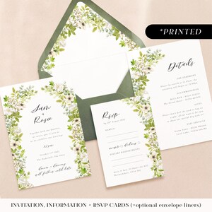 Green flower arch wedding invitations, floral arch printed invites, lush botanical foliage wedding invitation, information and rsvp cards