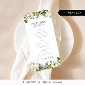 Menú de recepción de boda con motivos florales en blanco, negro y verde, tarjetas de menú monocromáticas impresas, tarjetas de desayuno de boda