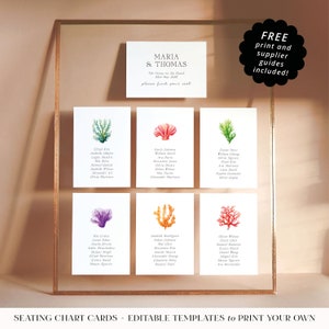 Editable Wedding Table Plan Sign Cards. Small Underwater Seating Chart Cards. Instant Printable Download. Colourful Coral Reef Theme. COR05