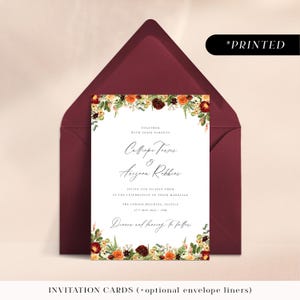Burnt orange and deep burgundy wedding invitations, autumnal floral printed invites, rustic fall wedding invitation cards