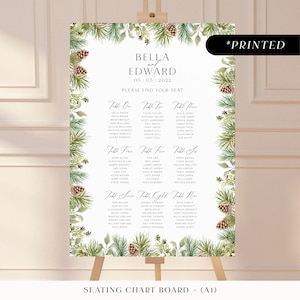 Winter pinecone large seating chart sign, natural rustic pine printed table plan board, festive Christmas wedding seating plan cards