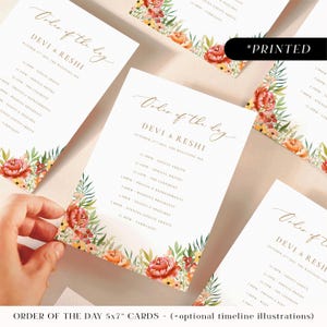 Chronologie de la cérémonie de mariage d'automne orange brûlée, ordre du jour imprimé floral automnal, cartes personnalisées d'itinéraire de pivoine orange chaud