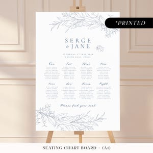 Stoffig blauw groot bord met zitplaatsen, vintage botanisch gedrukt tafelplanbord met bijdetail, lichtblauwe plattegrondkaarten bruiloft