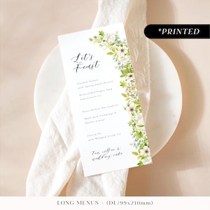 Menú de recepción de boda con arco de flores verdes, tarjetas de menú impresas con arco floral, menú de boda con exuberante follaje botánico, desayuno de boda