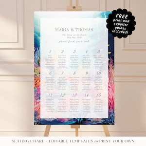 Editable Wedding Table Plan Sign. Underwater Seating Chart. Instant Digital Download Printable. Colourful Coral Reef Theme. CORR06
