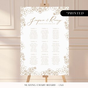Minimal gold large seating chart sign with tropical flowers, typographic printed table plan board, wedding seating plan cards