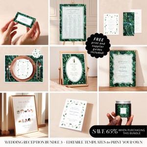 May include: Wedding reception printable templates featuring tropical leaf designs. The set includes a welcome sign, seating chart, bar menu, order of the day, and place cards. The text "SAVE 65% WHEN PURCHASING THIS BUNDLE" is also included.