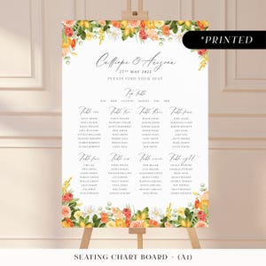 Citrus orange & lemon large seating chart sign, yellow floral printed table plan board, bright summery wedding seating plan cards