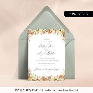 Autumn florals wedding invitations, printed invites with muted earthy tones, rustic fall wedding invitation cards