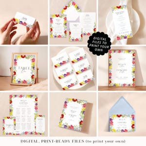 Colourful flowers wedding stationery printable PDFs, professionally designed bright floral cards, bold summery print your own files