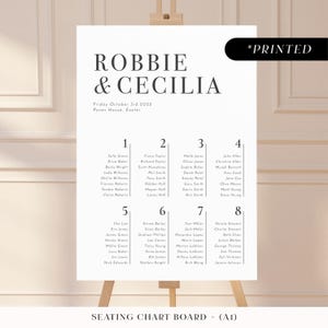 Minimal modern large seating chart sign, bold typographic printed table plan board text only, simple monochrome wedding seating plan cards