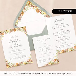 Autumn florals wedding invitations, printed invites with muted earthy tones, rustic fall wedding invitation, details and rsvp cards