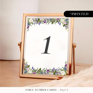 Purple spring florals table numbers, printed table names, amethyst and green garden wedding wedding reception table cards