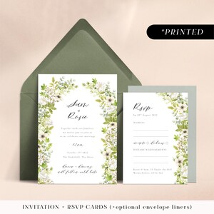 Green flower arch wedding invitations, floral arch printed invites, lush botanical foliage wedding invitation and rsvp cards