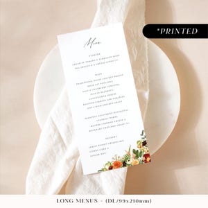 Menú de recepción de boda en tonos naranja quemado y burdeos intenso, tarjetas de menú con estampados florales otoñales, menú de boda, desayuno de boda
