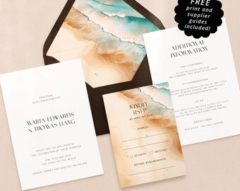 Editable Wedding Invitation Template. Instant Digital Download. Printable Wedding Invite. Minimal Boho Beach Wedding Invite Bundle. TID09