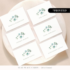 Tarjetas de lugar para bodas con hojas de eucalipto, tarjetas de nombre para invitados con impresión rústica natural, tarjetas de lugar para jardín con follaje botánico planas o dobladas