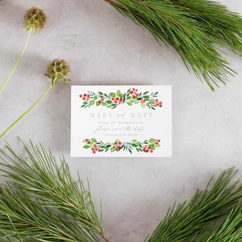 Evergreen Wedding Invitation Sample Illustrated Winter Etsy